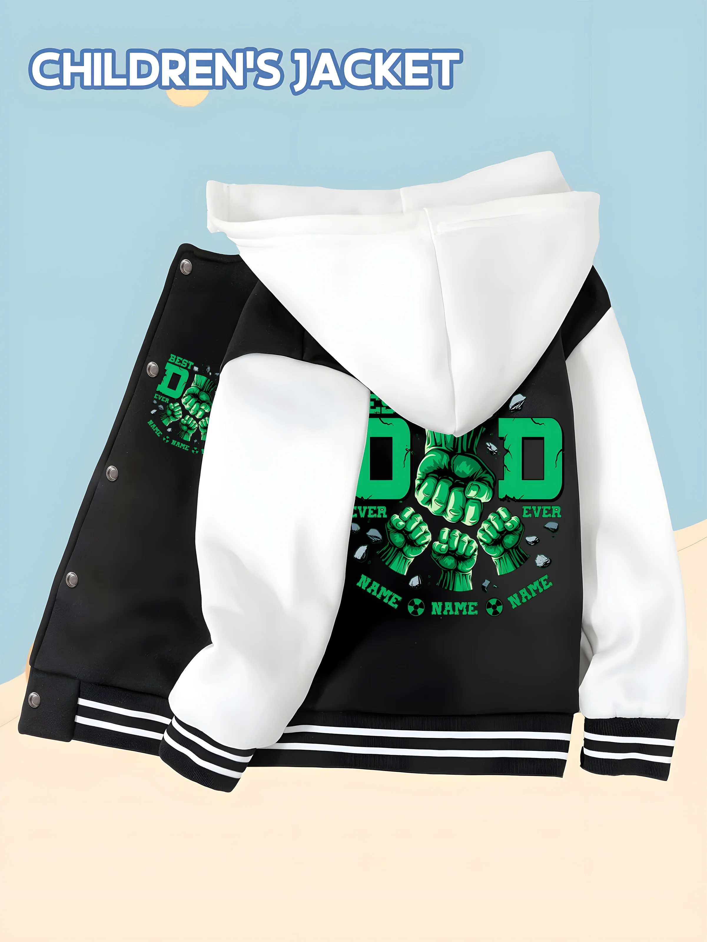 

MINISO Marvel Boys Baseball Jacket - Hulk Print, Double-sided Pattern, Comfortable Fabric, Black and White, Fashionable for Fall
