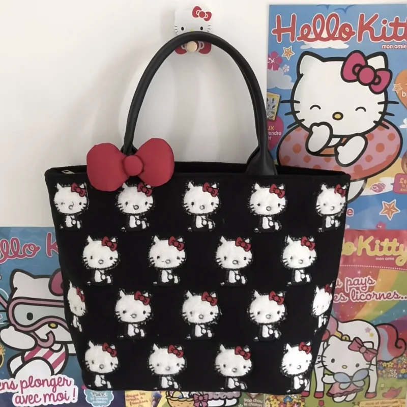 Sanrio Hello Kitty Cute Vintage Handbag Cartoon Embroidery Simple Fashion Shopping Lightweight Shopping Bag Bag