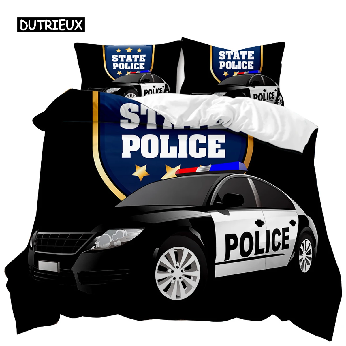 

Police Car Duvet Cover Black Policeman Car Twin Bedding Set Cartoon Vehicle Comforter Cover Red Cop Lights Polyester Quilt Cover