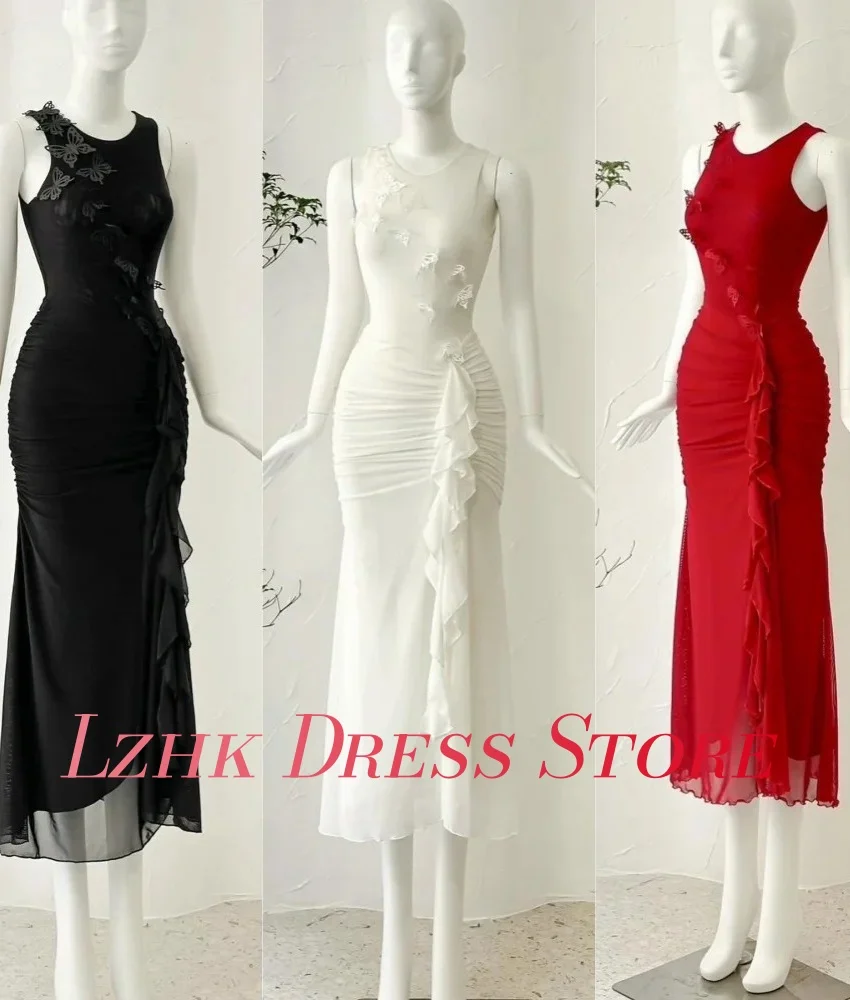 ชุดราตรีผ้าชีฟองทรงเมอร์เมดแต่งระบายโบว์ 3 มิติ คอทรงโอ แขนกุด ความยาวคลุมข้อเท้า สไตล์เซ็กซี่