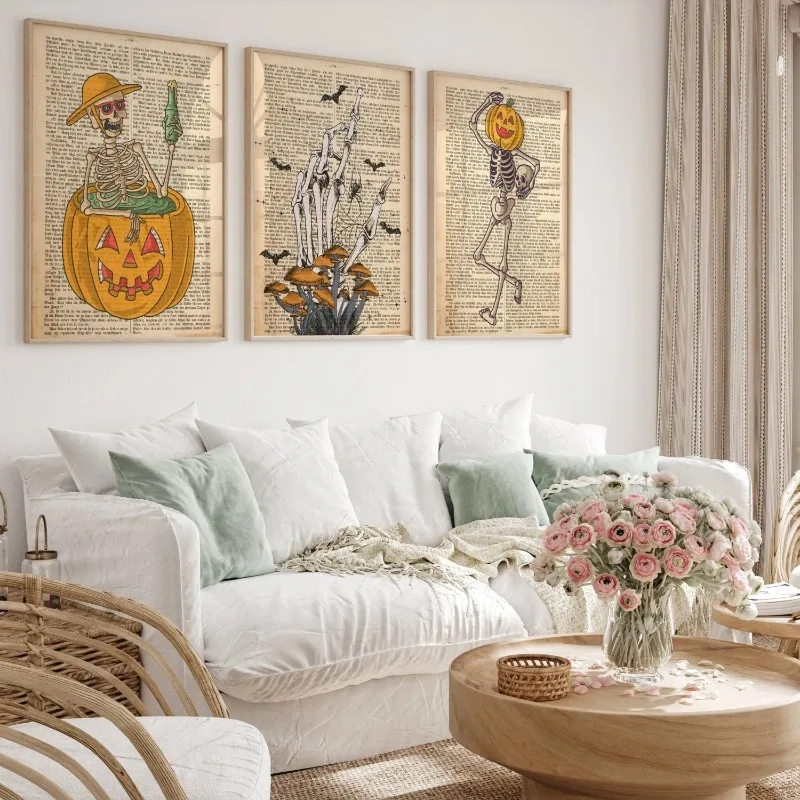 3pcs Vintage Dictionary Paper Skeleton Wall Art Prints Pumpkin Mushroom Bat Spooky Halloween Fall Home Decor Unframed Canvas