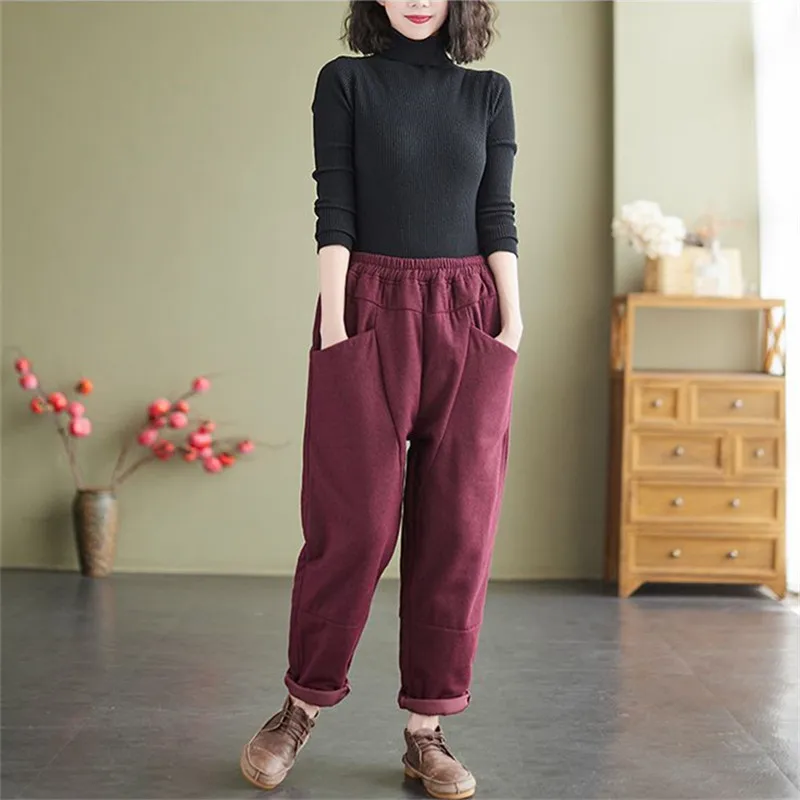 

Fashion Thickened Padded Bloomers Casual Loose Retro Harem Pants Ethnic Style Women's Winter Elastic Waist Solid Color Trousers