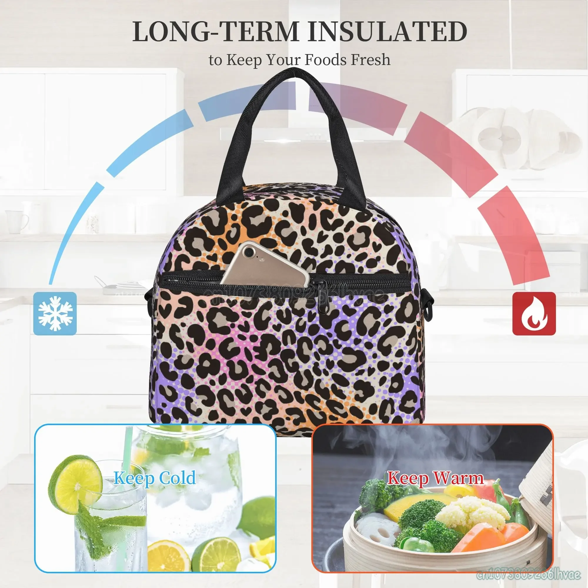 Borsa da pranzo isolata con stampa leopardata colorata per donna borsa termica impermeabile riutilizzabile portatile Bento per viaggi in spiaggia da