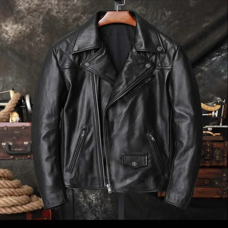 2025 Popular Man Trend Coat Genuine Cowhide Real Leather Jacket Biker Motor Outerwear Windbreaker Male Black XXXXXL 3XL 4XL 5XL