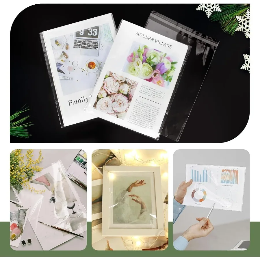 100 PZ 8.5 x 11 Ih Sacchetti di Cellophane Autosigillanti Manicotti in plastica trasparente richiudibili per opere d'arte di carta Tappetini fotografici Comic Magazine Pa