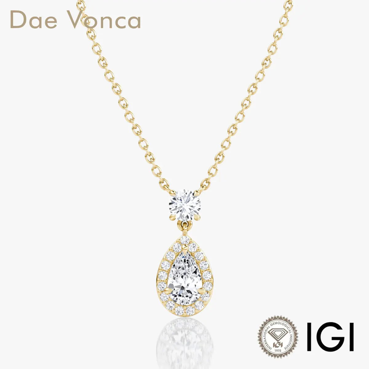 14K Yellow Gold Halo Diamond Necklace Charm Pear Shape Lab Grown Diamond Double Drop Diamond Pendant For Anniversary Gift