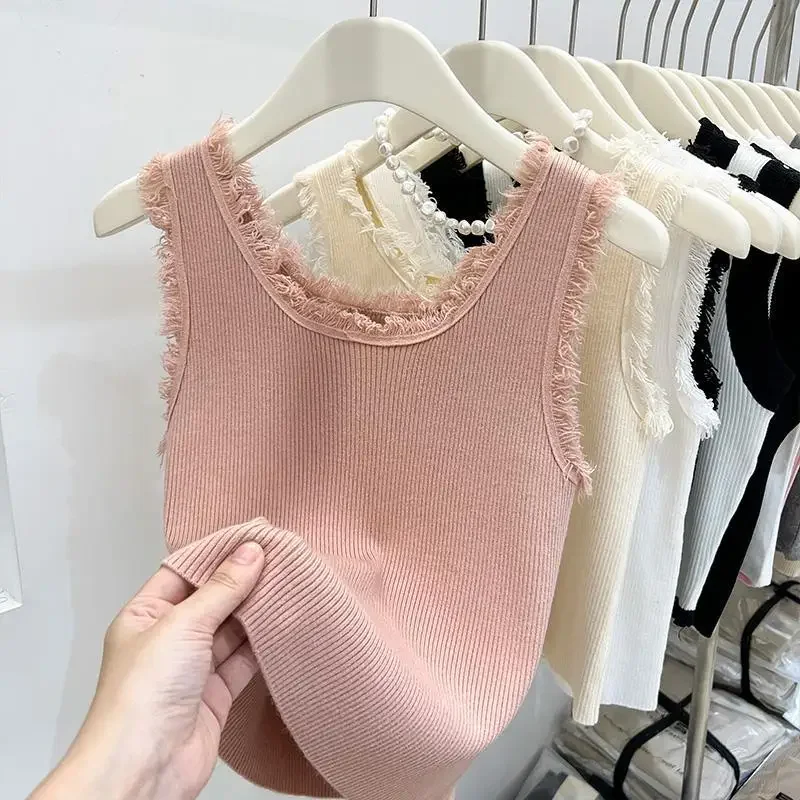 여름 여성 탱크탑 솔리드 니트 슬리브리스 태슬 U넥 아이시 실크 언더웨어 엘라스틱 슬림 여성 의류 조끼 2026