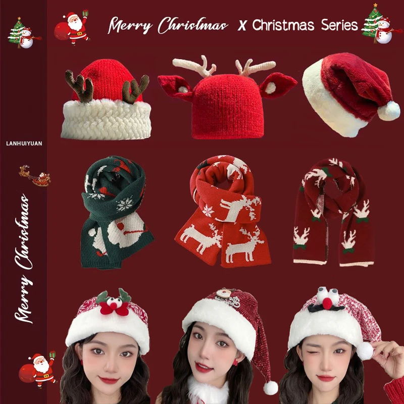 Cute Christmas Deer Scarf Autumn Winter Knitted Wool Hat Adult Elk Plush Warm Knitted Beanie Christmas Hat Xmas Party Gift Decor