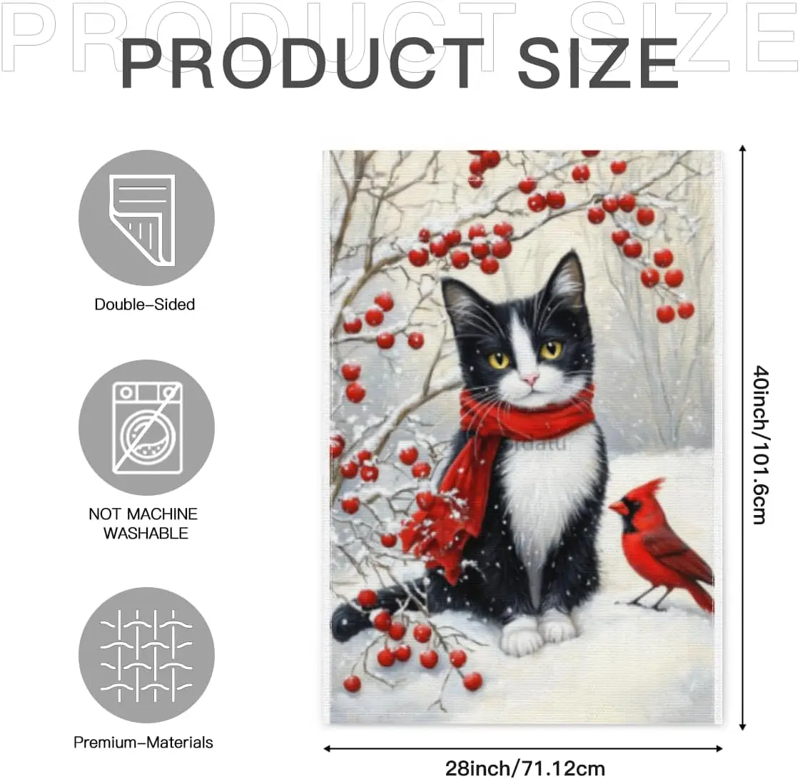 Hello Winter Garden Flag Tuxedo Cat with Scarf Snow Gifts Merry Christmas Holiday Decorations Vertical Double Sided For Outs PPM