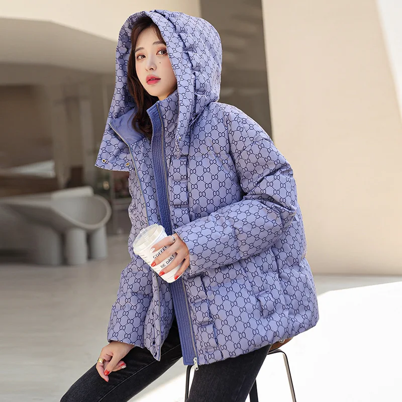 Women\'s Winter Coats White Duck Down Thicken Warm Overcoat Fashion Printing Hooded Short Down Coats Loose Leisure Hooded Outwear