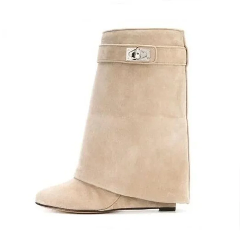 

Beige Suede Shark Lock Boots Pointed Toe Height Increasing Women's Ankle Winter Runway Boots Size 10 Sexy Woman Ankle Boots