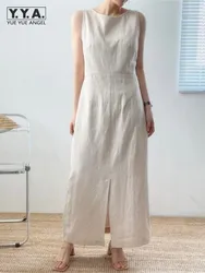 Harajuku Cotton Linen Long Dress Women Casual Vintage High Waist Pullover Long Dresses Sleeveless Summer Office Lady Tank Dress