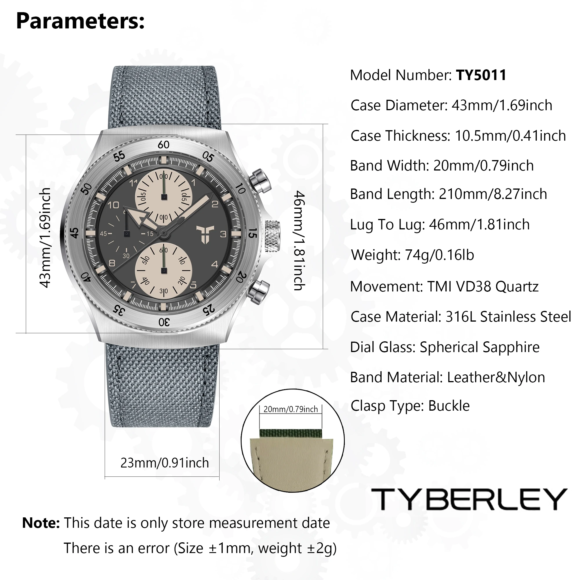2026 New Men's Watches TYBERLEY Waterproof Quartz Watch for Men Dual Time Zones Sapphire Mirror Stainless Steel Nylon Belt Watch