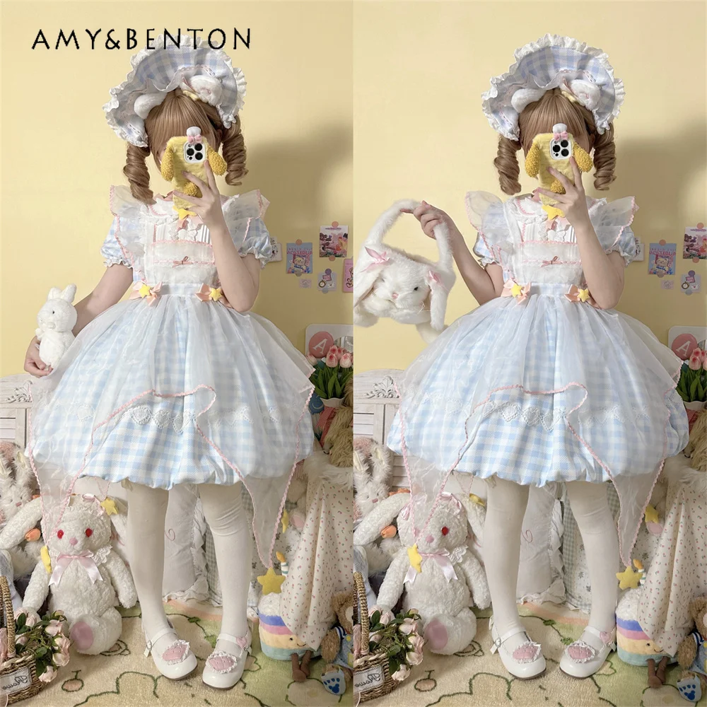 Cute Lolita Girl Doll Collar Manica a sbuffo Vita alta Slim Plaid Tutu Dress Sweet Kawaii Festa di compleanno per abiti da sera da donna