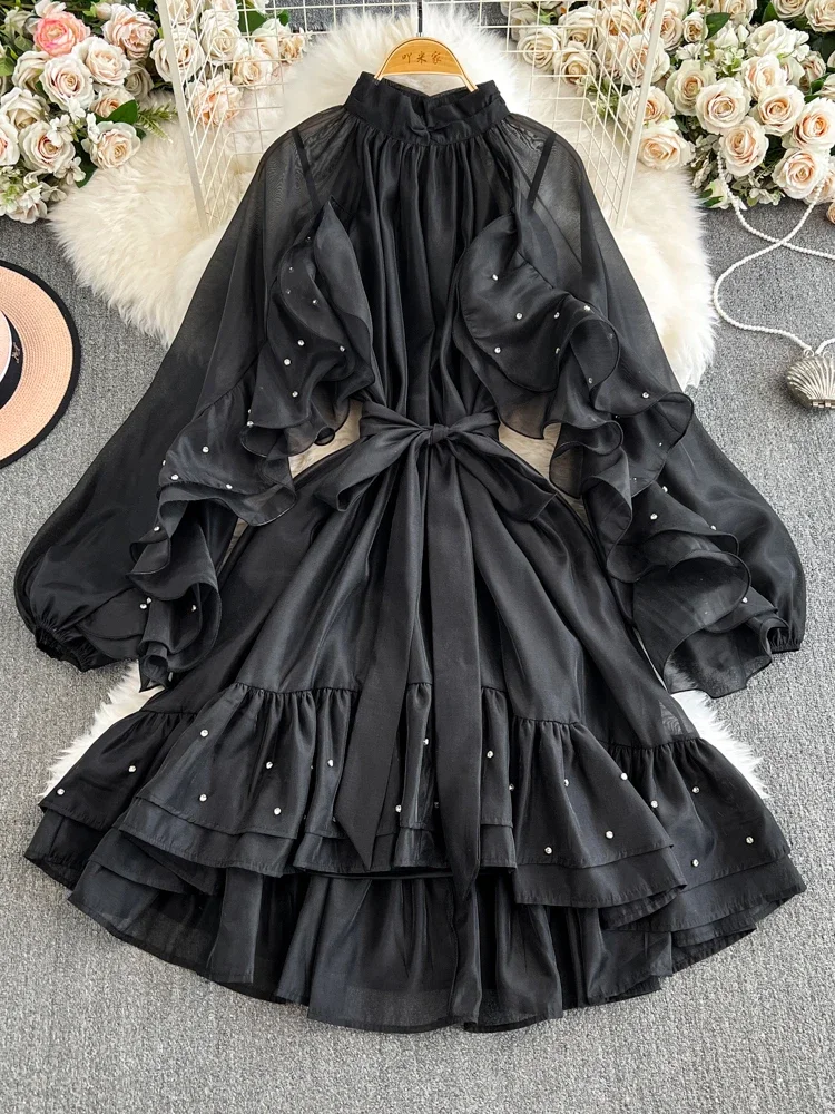 فستان فرنسي أنيق بحافة مكشكشة وأكمام واسعة من الخرز برباط الخصر شيفون متوسط الطول ملابس نسائية فستان عتيق 2025