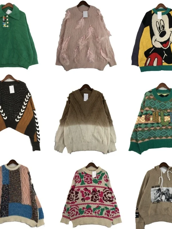 

Vintage ex Woolen Sweater Street Sle Patchwork Print round Ne Long Sve Warmth Winter Knitwear Cartoon Embroidery