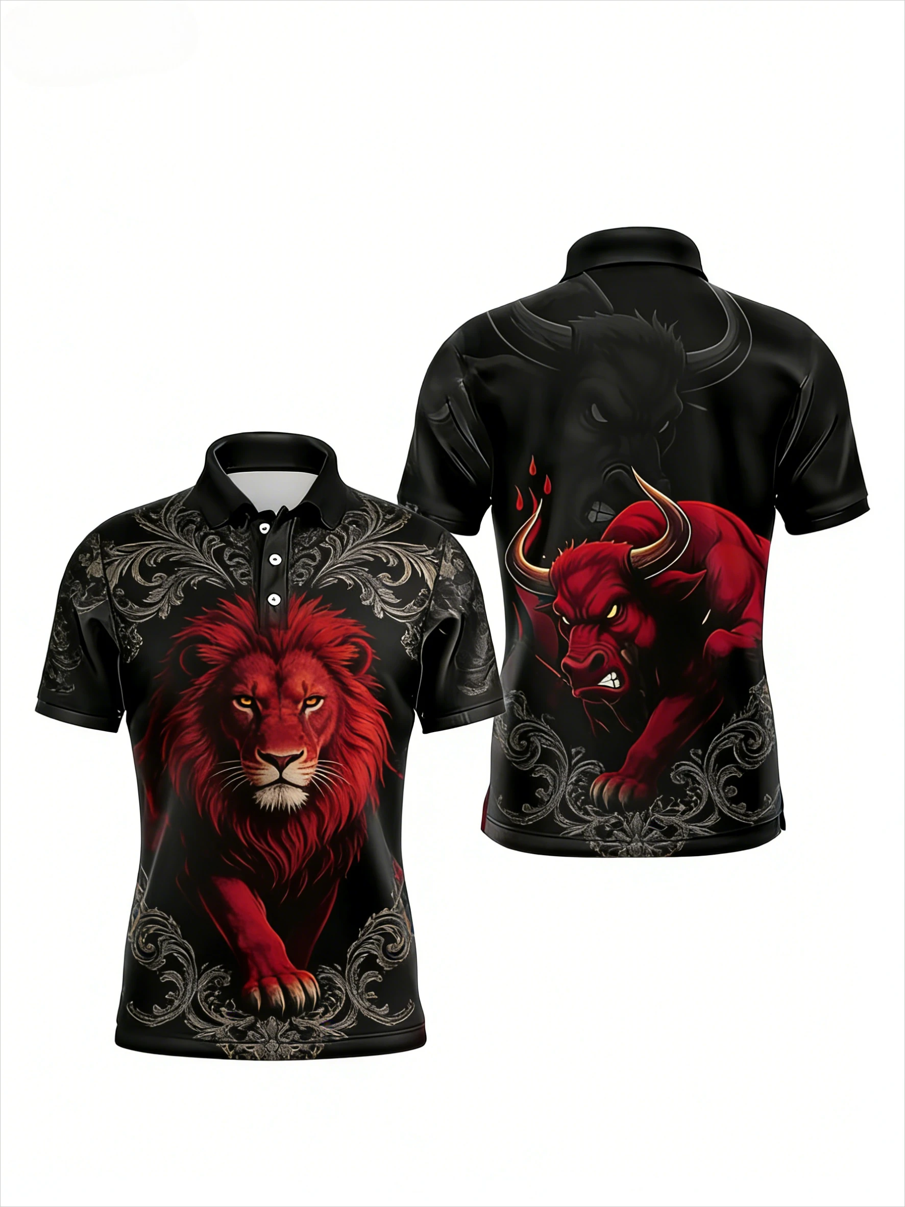 Polo de Golf de Manga Corta para Hombre, Diseño Moderno 2026, Color Rojo y Negro, Estampado de Toro, Tigre y León, Estilo Urbano