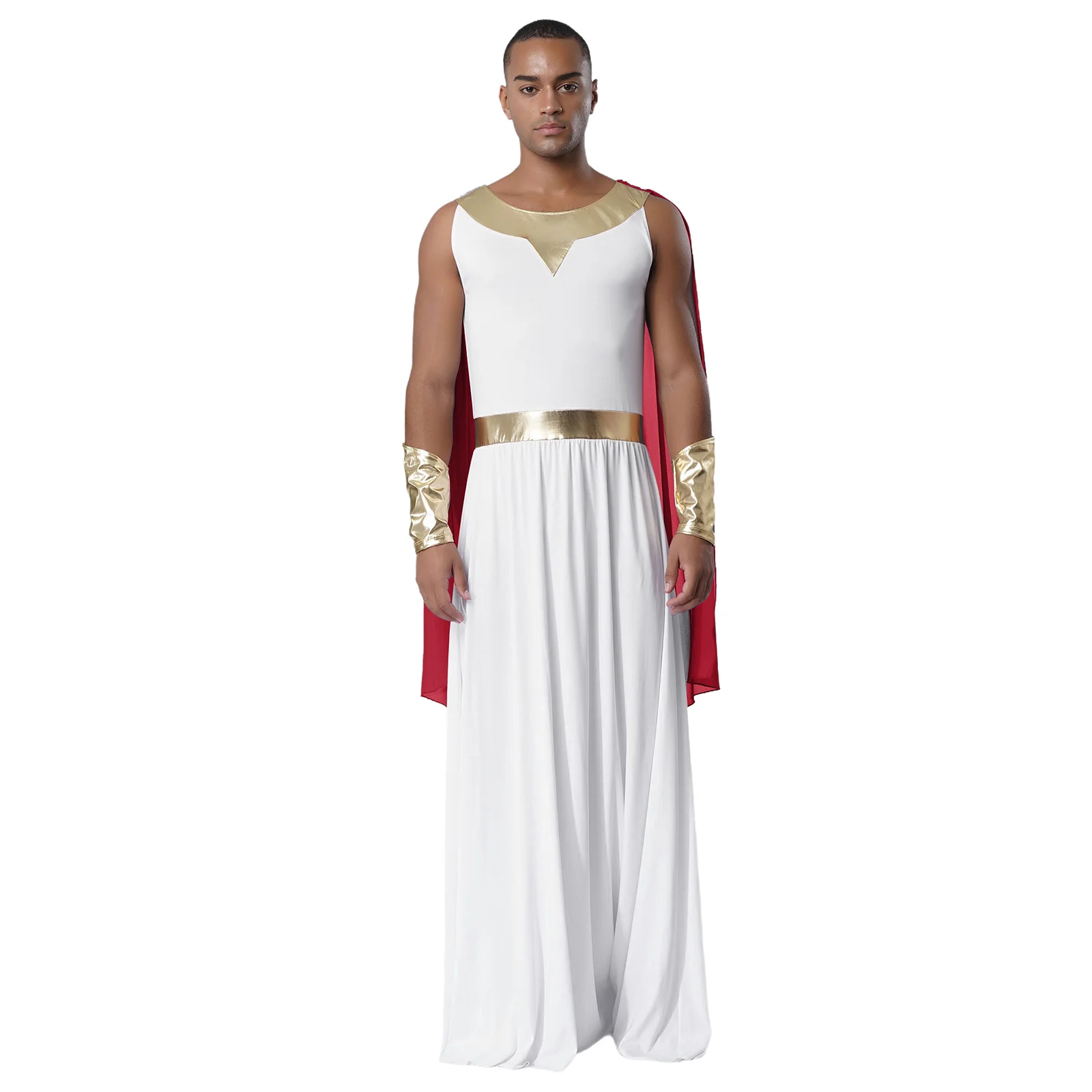 

Men Roman Prince Robe Sleeveless Design Back Zipper Adjustable Shoulder Drapes Metallic Cuffs Festival Role-playing Outfit