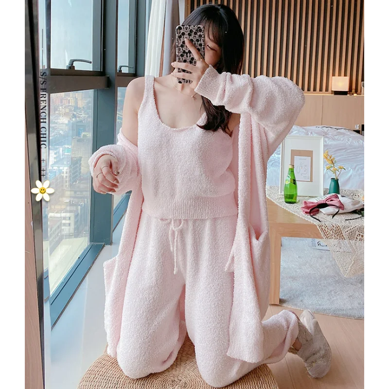 Thick Women Pajamas Set Three-piece Home Clothes Soft Warm Autumn Winter Long-sleeved Trousers Suspenders Cardigan Wool Knitting