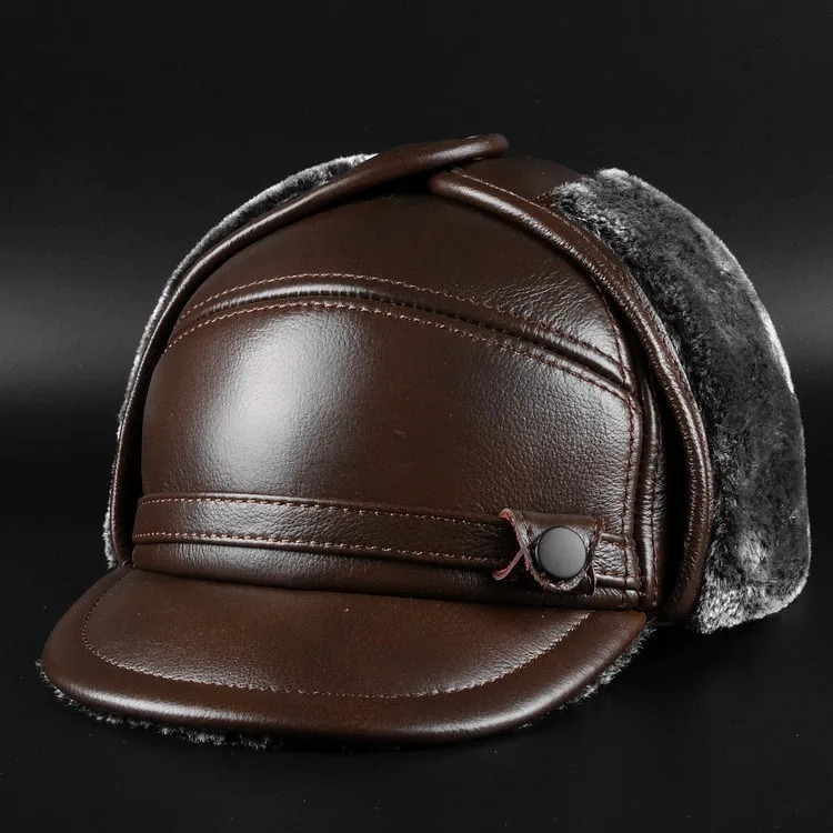 leather cap men\'s leather hat outdoor Leather Hat fur hat 2024 winter fashion husband father hat for gift