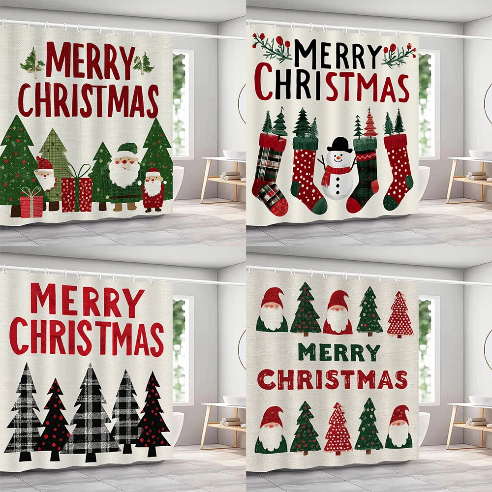 

Cartoon Christmas Shower Curtains with hooks Christmas tree,Santa Claus Snowman Bathroom Curtain，Christmas home Decor Curtain