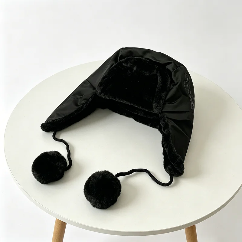 Black handsome Lei Feng hat cross decoration, warm and windproof ear protection hat, drawstring strap, trendy accessory