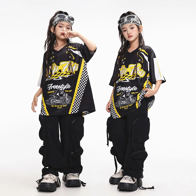 Set di abiti da ballo Hip Hop per ragazze T-shirt nera Pantaloni larghi Jogger estivo Street Dancewear Gruppo Jazz Pratica Performance Costume