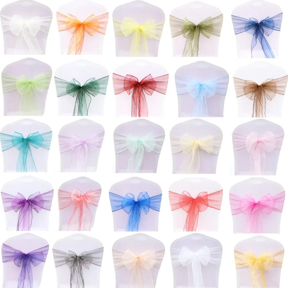 

50pcs/lot Sheer Ribbon Organza Wedding Decorations Chair Sashes Belt Knot Chair Covers Bow Bands Ties Chairs Decoration Supplies