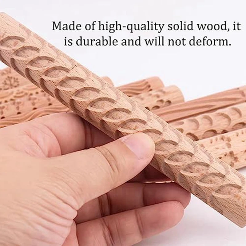 Set of 6 Wood Clay Modeling Pattern Rollers Kit, Clay Rolling Pin Textured Hand Roller Wooden Handle Pottery Tools Set