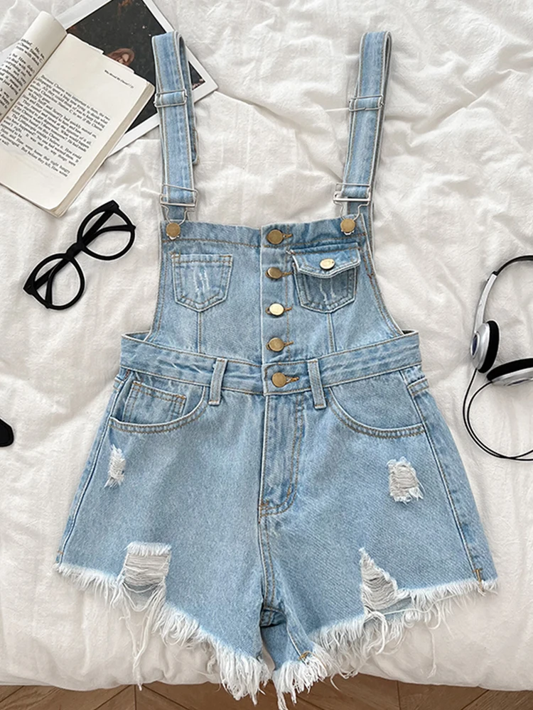 

Fashion Holes Denim Playsuits for Women Summer Korean All-Match Single Breasted Wide Leg Shorts Lady Casual Jean Romper