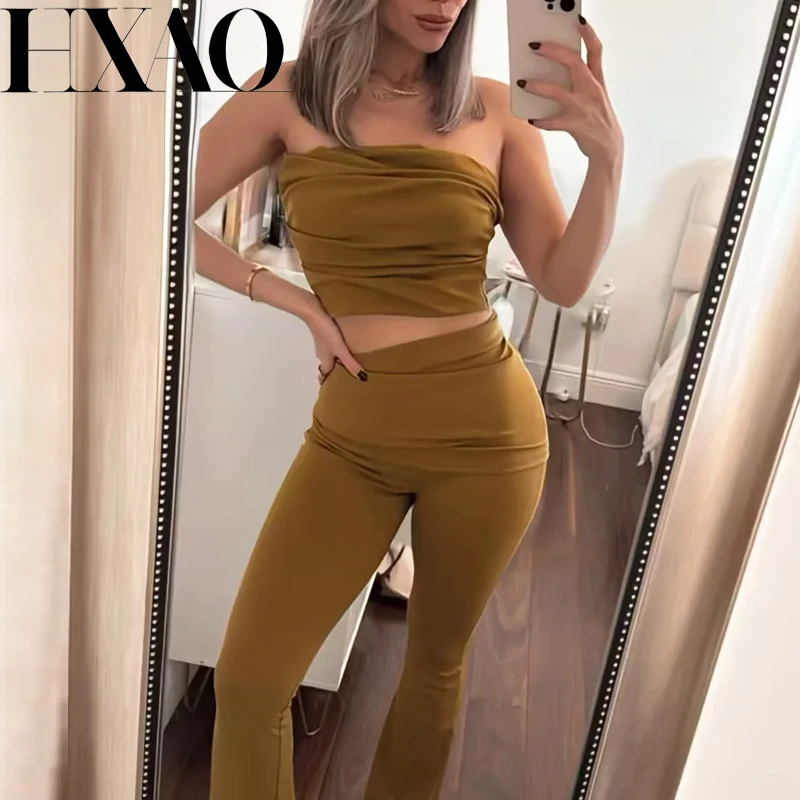 

HXAO комплект из 2 предметов для женщин, комплекты расклешенных брюк, плиссированные женские корсетные майки и майки с запахом, плотный льняной костюм, летний комплект из двух предметов