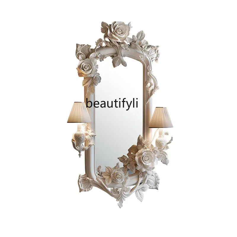 

French carved bust mirror European living room fireplace decorative mirror beauty salon makeup mirror with lamp