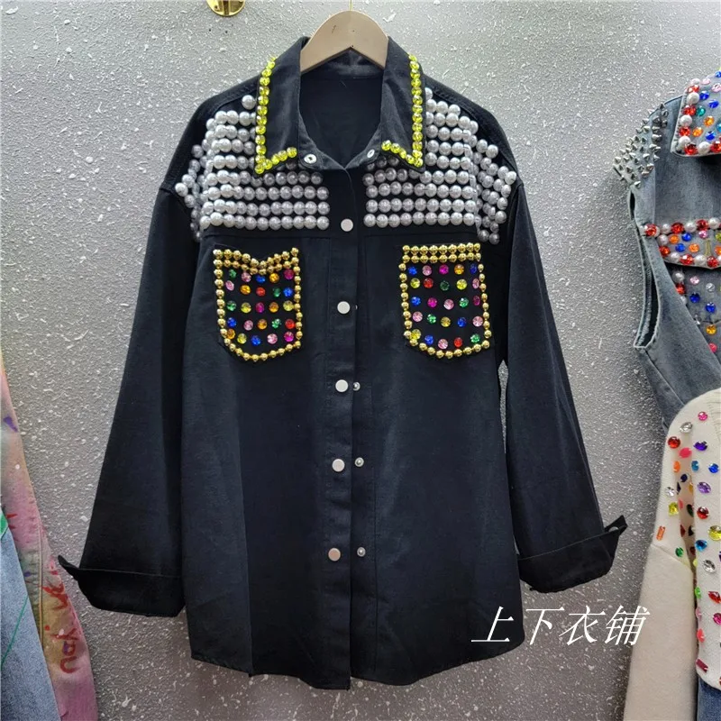 Heavy Industry Beads Sequined Denim Shirt Women Sweet Pink Loose All-Matching Western Style Blouse Coat 2023 New Autumn Camisas