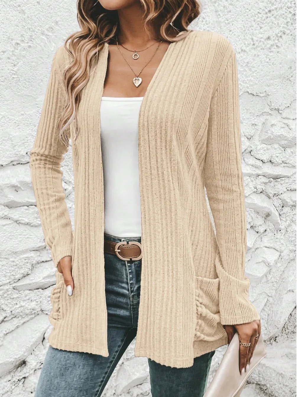 แฟชั่นฤดูใบไม้ร่วงเสื้อคาร์ดิแกนถักแขนยาวผู้หญิงแจ๊กเก็ตโพลีเอสเตอร์ผสมสตรีทสเลปกติพอดีเสื้อโค้ท