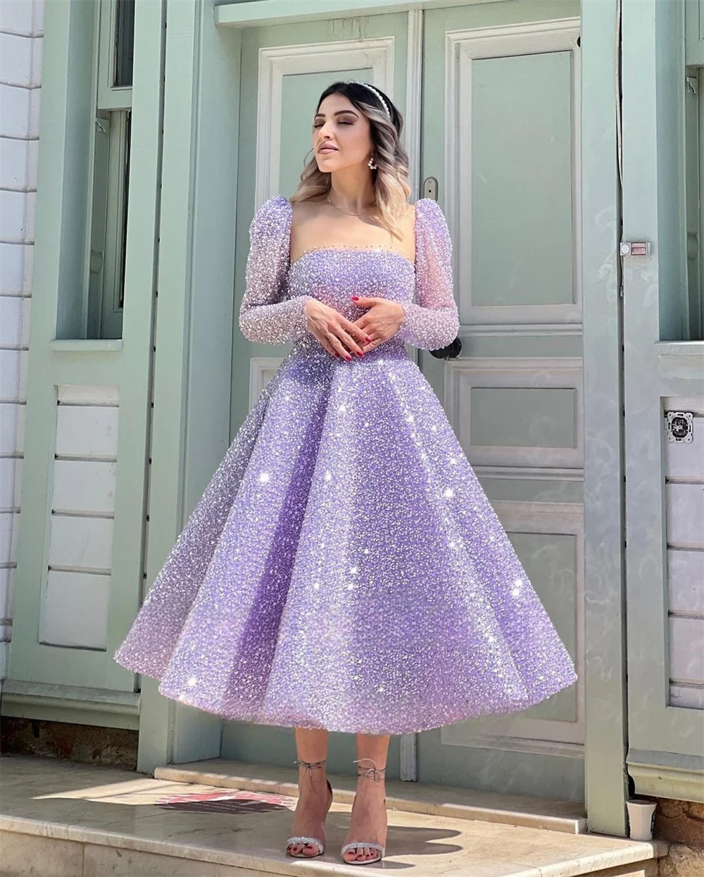 Cathy Lavender A-line Prom Dresses Elegant Long Sleeves Glitter فساتين السهرة  Ankle-Length Shiny Sequins Vestidos De Noche 2024