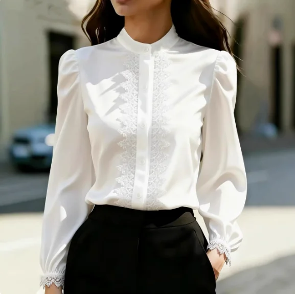 

Women's Shirt Spring and Summer New French Temperament Classical Style Silk Satin Lace Border Design Bubble Sleeve Shirt