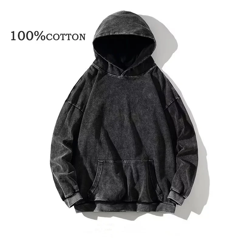 100% Cotton Women's Clothing Vintage Black Acid Wash Hoodies Men Women Oversized Hip Hop Sweatshirts Casual Pullover Y2K Clothes