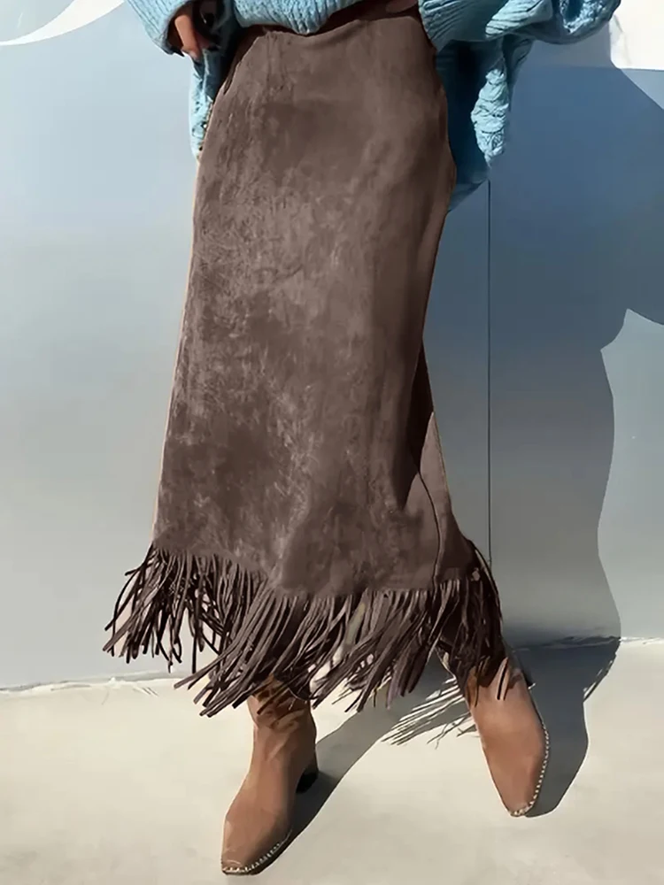 Autumn Fashion Sexy A-line Long Skirts Vintage Clothes Solid Suede Tassel Skirt Woman Spring Fashion High Waist Slim Hips Skirt