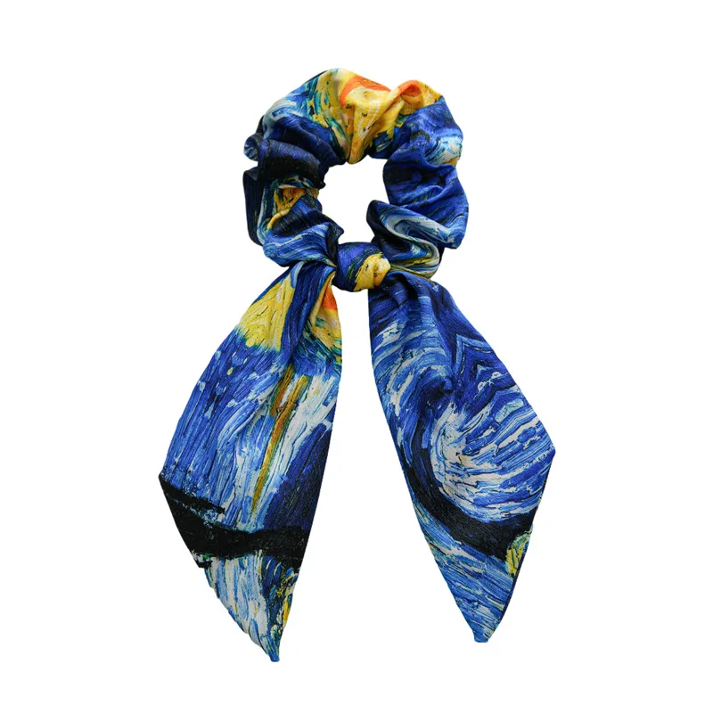 

Oil Painting Print Long Ribbon Bow Scrunchies Elastic Ponytail Holder Exquisite Hair Tie Ponytail Holder Girls Hair Accessories