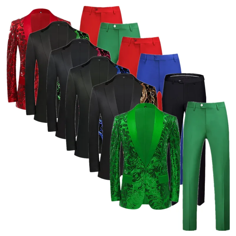 

Fashion Men Sequin Suit Gold / Green Men's Luxurious Wedding Dance Party Stage Perform Dress Male Blazer Trouser