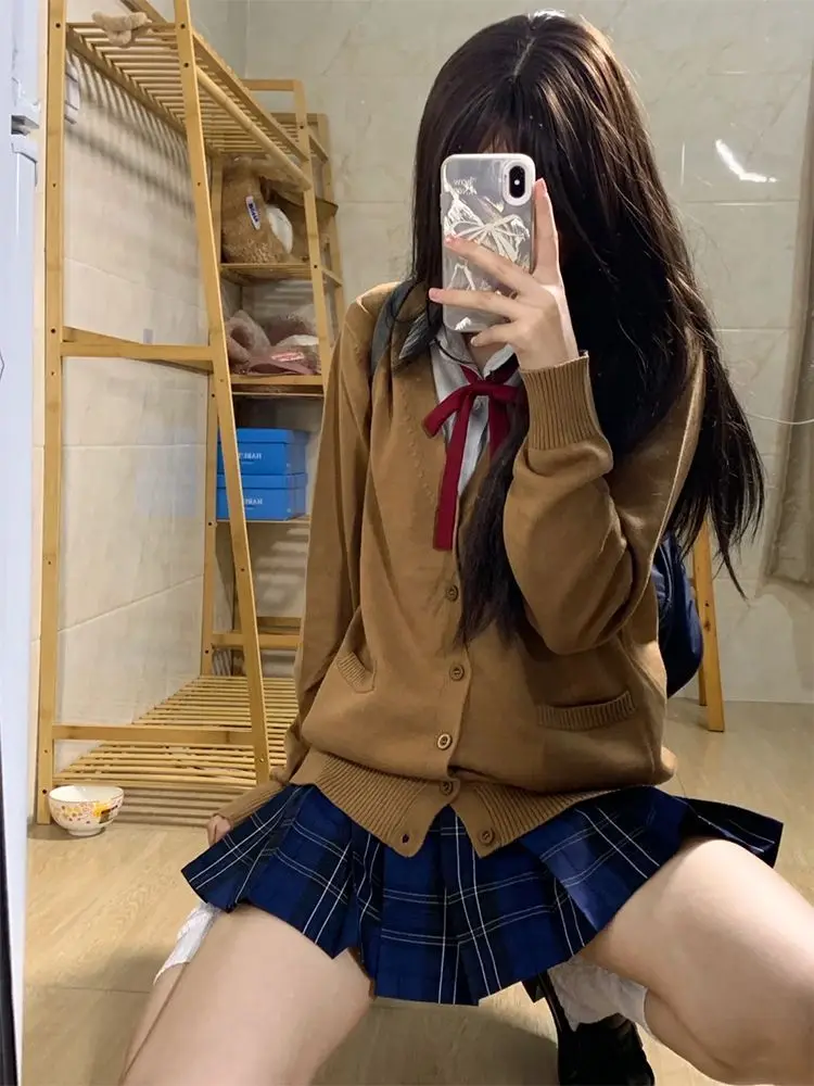 

College Sle Long Sve V-Ne Вязаный кардиган Верхняя одежда Зимние поездки JK orm Экипировка из полиэфирной ткани с застежкой на пуговицы