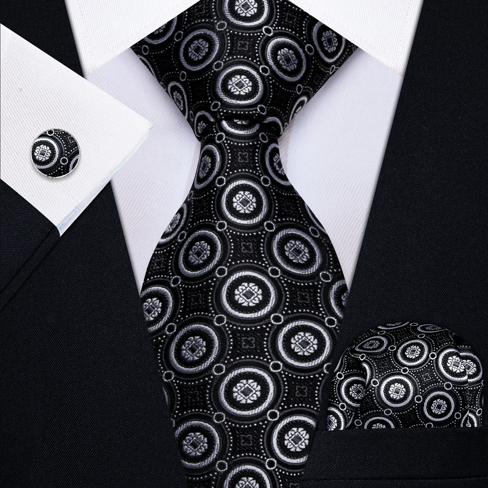 Männer Schwarz Weiß Grau Krawatten Gestreiften Paisley Floral Hochzeit Formale Krawatte Taschentuch Manschettenknöpfe Geschenk Dropship – Detail 5