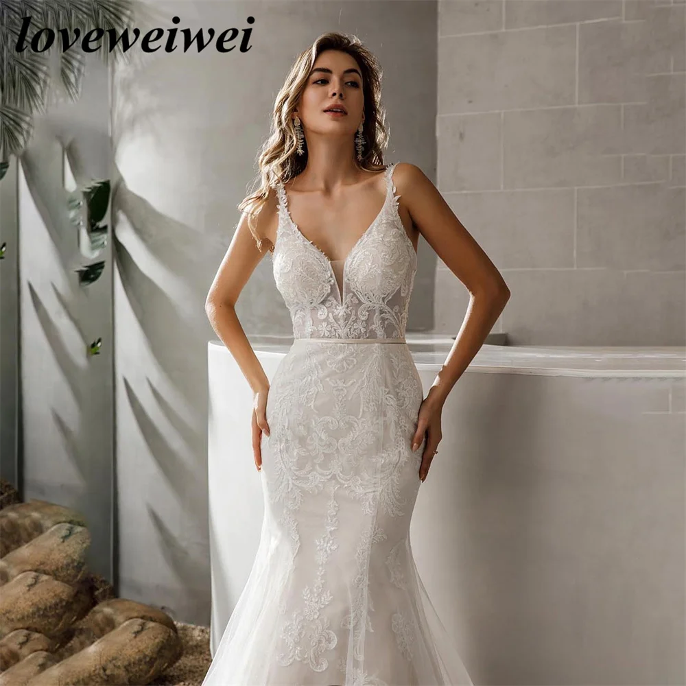 Vestido De Novia con escote en V y tirantes finos, apliques De encaje, espalda abierta, cola De barrido, sirena