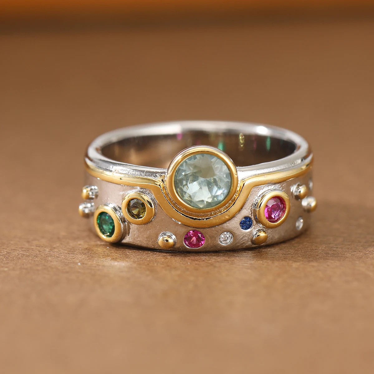 Vintage Farbiger Kunststein-Ring aus Kupfer, Modischer Zweifarbiger Luxus-Damenring, Schmuckgeschenk – Detail 4