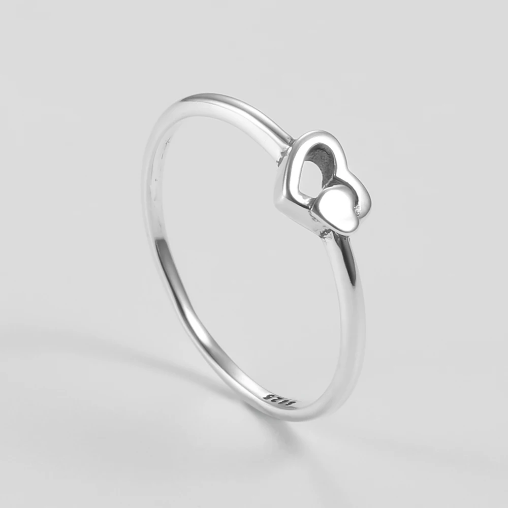 925 Sterling Silver Lovely Heart In Heart Pave Finger Ring for Women Authentic Silver Fine Jewelry Gift 2022