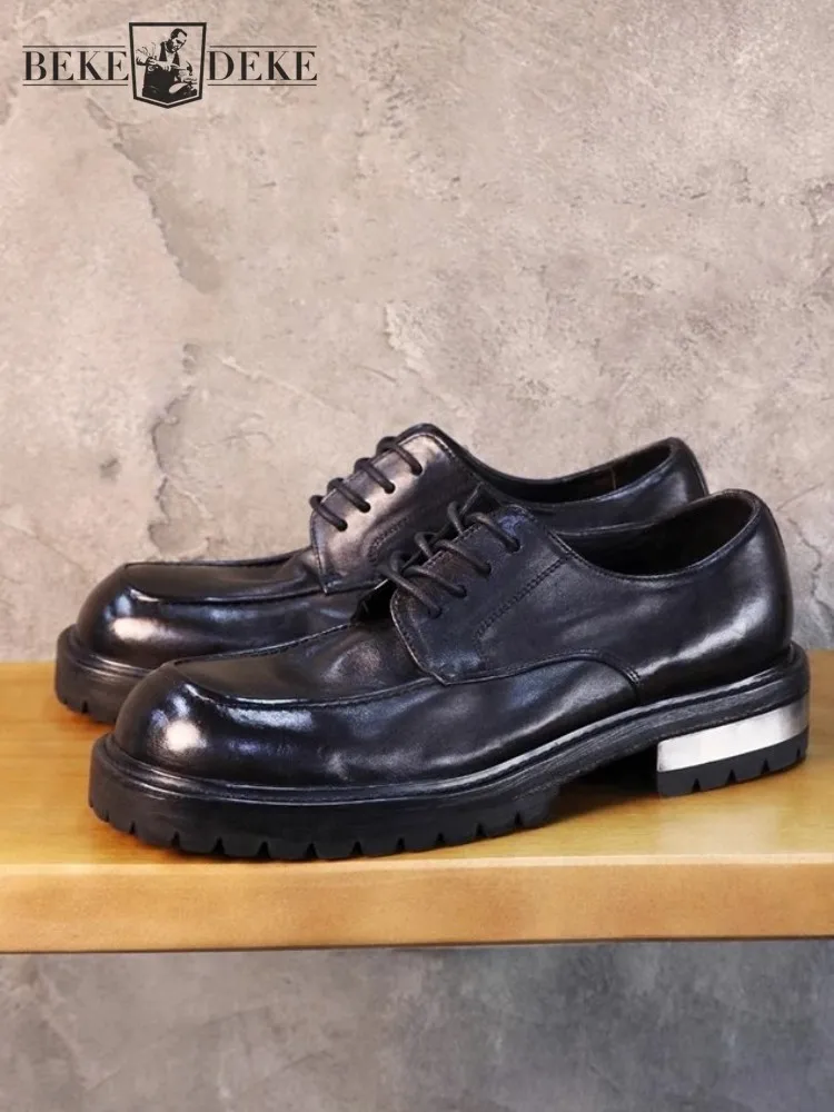 

High Quality Horsehide Vintage Dress Shoes Men Large Square Toe Genuine Leather Derby Shoes Thick Bottom Casual Handmade Shoes
