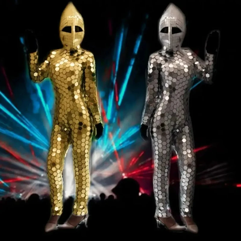 

Золотой зеркальный мужской костюм, серебряные зеркала, женский комбинезон с блестками, костюмы для танцев на пилоне, роскошный наряд для вечеринки, сценический костюм