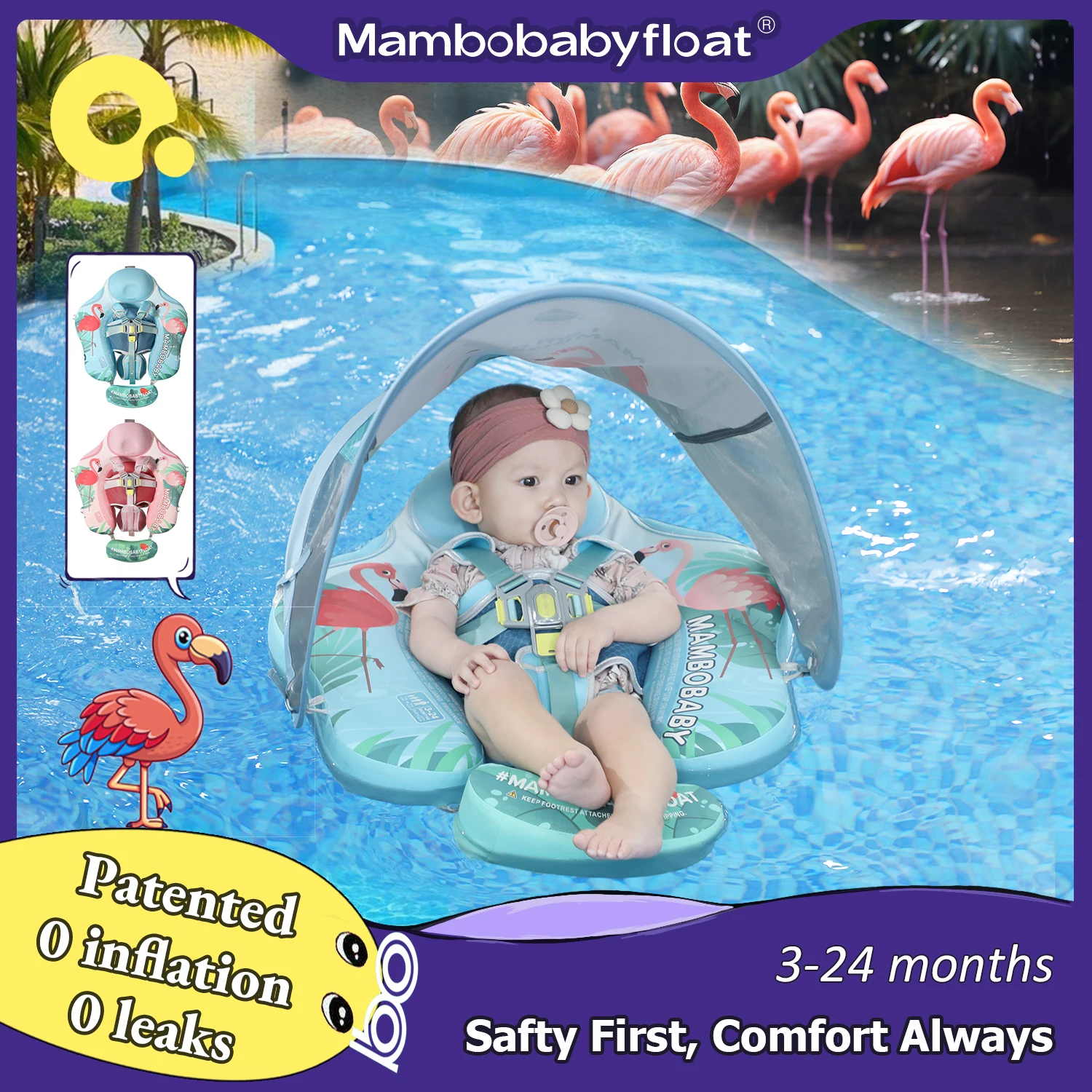 Mambobaby Float Дружелюбный к коже ST-Flamingo B503-146-W-Z Глобально сертифицированный безопасный дизайн с солнцезащитным козырьком Плавающий круг для малышей Детский надувной круг Надувной круг