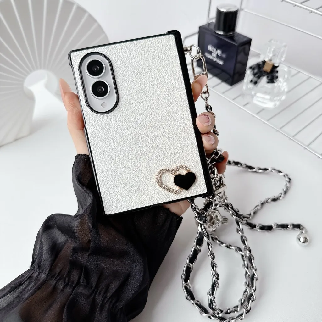 For Samsung Z Fold 3 4 5 6 7 8 Ultra Foldable Phone Case with Black and White Contrast Crossbody Chain All-in-One Cover
