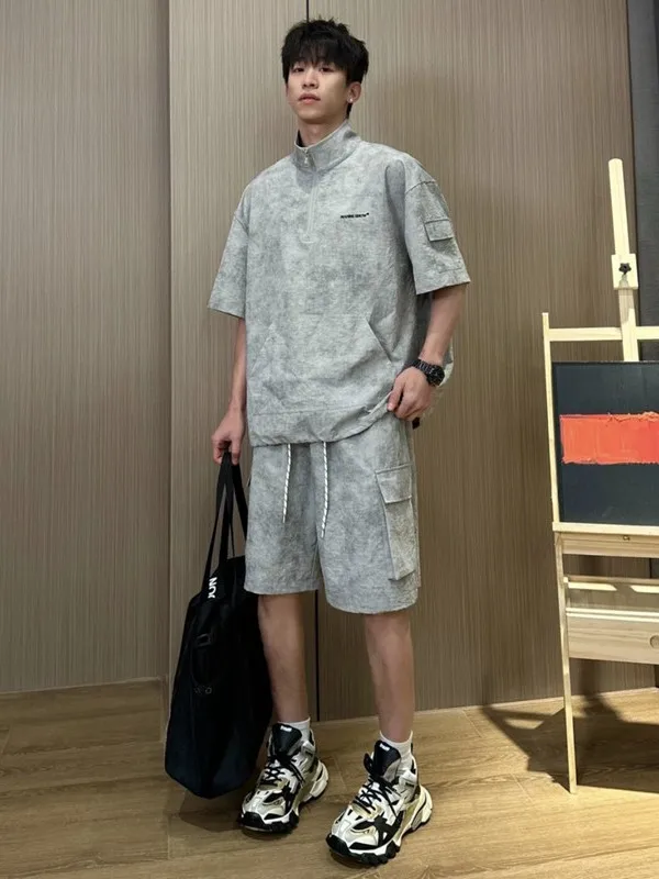 American Style Dyed Sports Suit for Men Cool Summer Short Sleeve Shorts Set High Sensation Grey Dyed T-Shirt And Pants